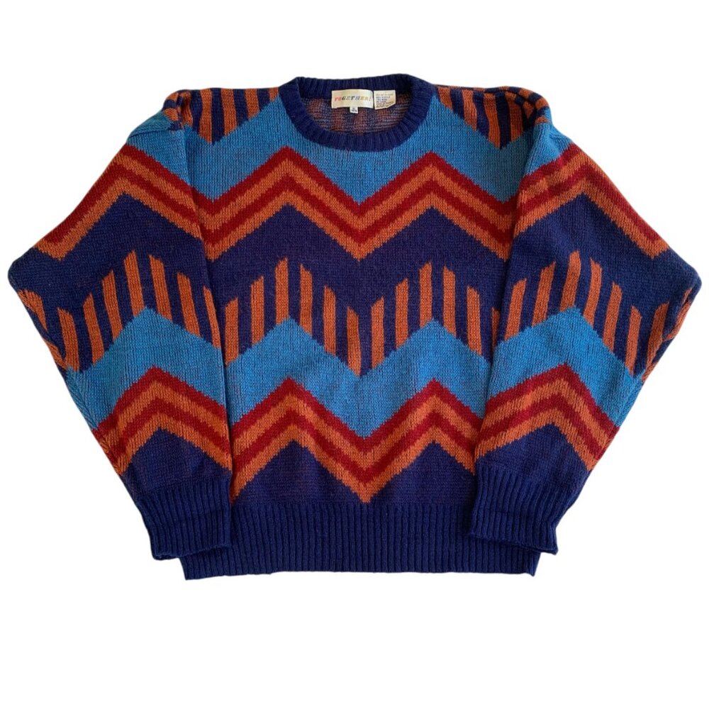 Vintage Wool Blend Pull Over Sweater Multi-Colored Zig Zag | Together! | Size XL